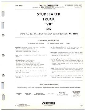 Carter 2831s 1960 Studebaker Trucks V8 - Model Carburetor Info Sheet