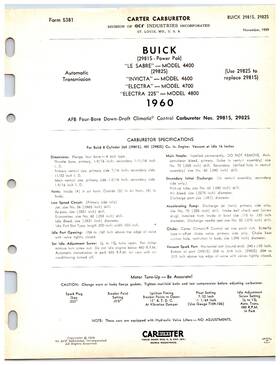 Carter 2981s-2982s 1960 Buick Le Sabre / Electra Invicta Carburetor Info Sheet 2981s 2982s