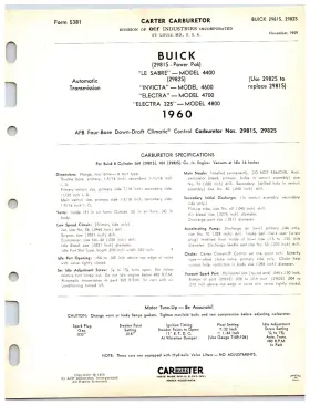 2981s-2982s Carter 1960 Buick Le Sabre / Electra Invicta Carburetor Info Sheet 2981s 2982s
