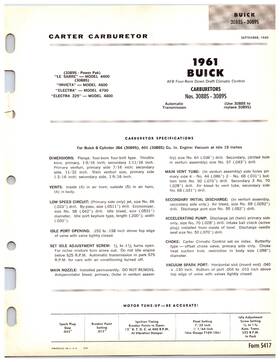 Carter 3088s 3089s Original 1961 Buick Cars - Carburetor Info Sheet
