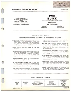 3089s Carter 3088s Original 1961 Buick Cars - Carburetor Info Sheet