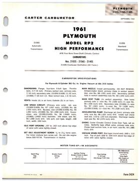 Carter 3093s 3094s 3127s 1961 Plymouth Model Rp2 High Performance - Carburetor Info Sheet