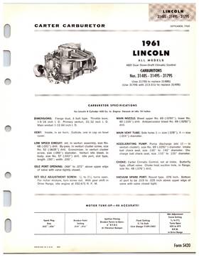 Carter 3148s 3149s 3179s 1961 Lincoln All Models Carburetor Info Sheet