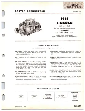 3179s Carter 3148s 3149s 1961 Lincoln All Models Carburetor Info Sheet