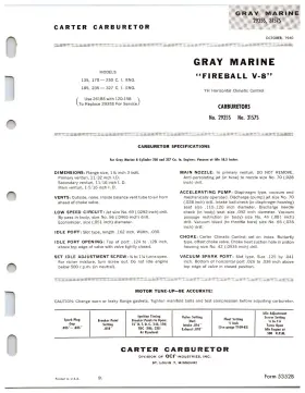 3157s Carter Original 1960 Gray Marine Fireball V8 Engine Carburetor Info Sheet
