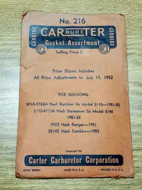 876s-877sa Carter 1951-53 Nash 10 40 60 876s-7s 892s 2014s Yf 1 Bbl.6 Cyl Gasket Assortment