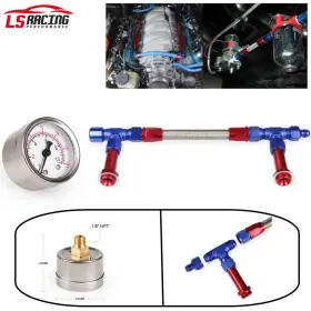 Tc013-redbl-zh Rastp Fuel Line Pressure Gauge An8 Braided Dual Feed Carb For Holley Carburetor 4150