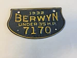1932 Berwyn Illinois Vehicle License Plate Tax Tag Topper, Nice Original Chicago Used. Price: $150.00.
