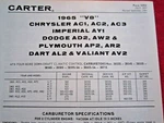 1965 Chrysler Dodge Plymouth Dart Valiant Carter Afb Carburetor Spec -info Sheet Used. Price: $19.99.